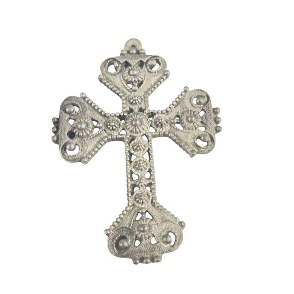 Vintage Florentine Filigree Cross Pendant 3.5" Silver-Tone Metal Religious Ornam - Picture 1 of 6